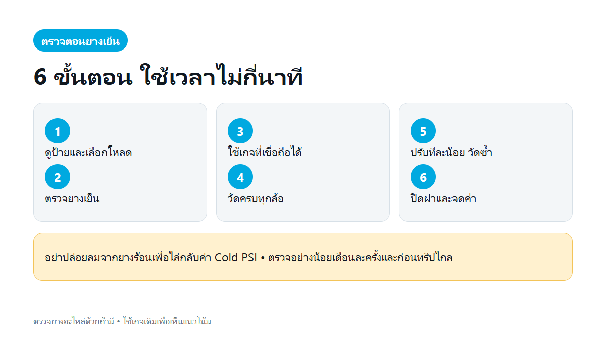 ขั้นตอนตรวจแรงดันลมยางเย็น 6 ขั้น ตั้งแต่ดูสติกเกอร์ วัดทุกล้อ เติม และตรวจซ้ำ
