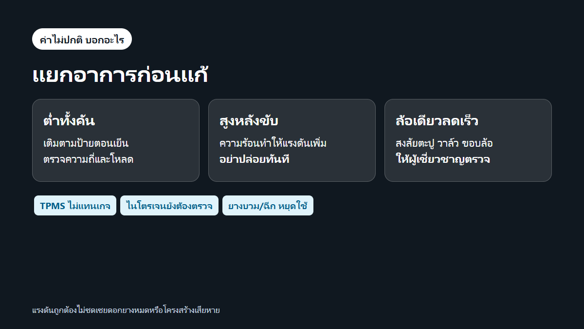 แผนผังอาการลมยางต่ำ สูง และล้อเดียวลดเร็ว พร้อมแนวทางตรวจที่ปลอดภัย