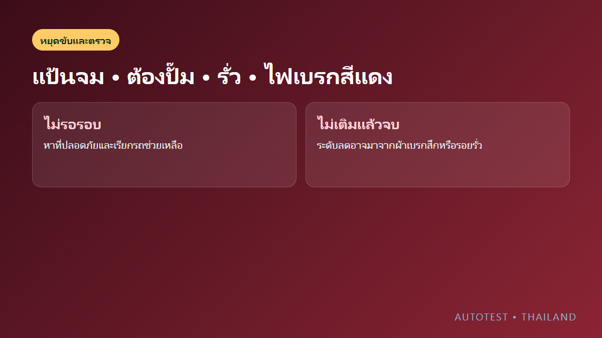 สัญญาณตรวจน้ำมันเบรก ได้แก่ ถึงกำหนด ประวัติไม่ชัด ผลทดสอบไม่ผ่าน แป้นนิ่ม รั่วและไฟเตือน